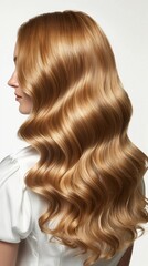 Fototapeta premium With her long, wavy golden hair flowing gracefully, the woman presents an elegant profile. The soft waves highlight her natural beauty, creating a captivating and serene moment