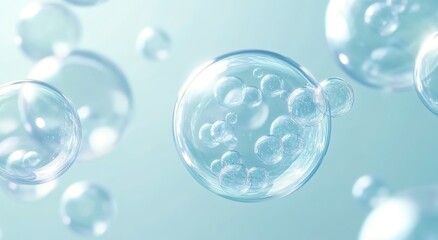 
A close-up of clear, transparent bubbles floating in the air on a light blue background.   