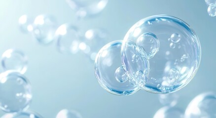 
A close-up of clear, transparent bubbles floating in the air on a light blue background.   