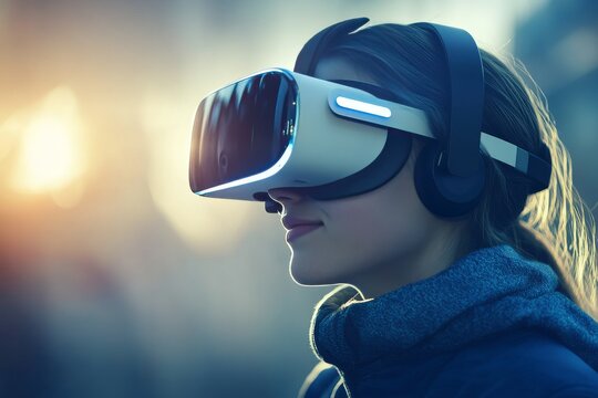 Woman immersed in a digital world with a sleek VR headset showcasing the futuristic design and immersive technology of modern virtual reality experiences