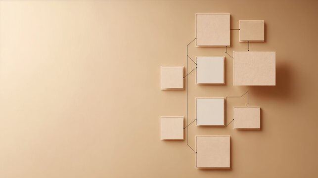 Flowchart for a project management process, soft beige background, with copy space, editorial photography