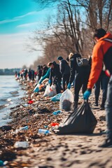 A large group of people participating in a beach cleanup event, picking up trash along the shoreline, vertical image