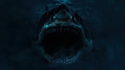 Menacing shark with its mouth open, showing its sharp teeth