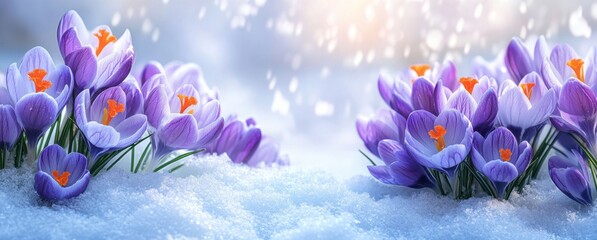 Purple Crocuses Blooming in the Snow