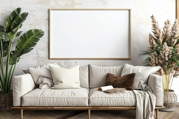 Interior of stylish living room with beige sofa, pampas grass and poster frame mock up