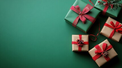 Festive Christmas Presents Adorned with Pretty Bows on Green Background