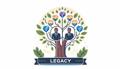same sex parents Tree with Legacy Text concept as An isolated vector of a family tree with two icons representing same sex parents and the word Legacy in an elegant classic font. This image represents