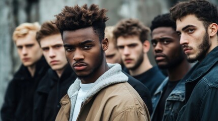 Diverse group of serious young men stand together in front of a concrete wall, looking ahead with neutral expressions