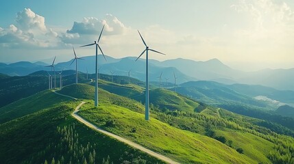Scenic landscape featuring towering wind turbines on lush green hills under a bright blue sky with distant mountains.