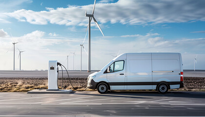 Fototapeta premium Charging electric van and wind turbines in a background