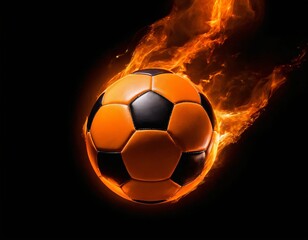 Fototapeta premium The soccer ball flies with lightning fast magical effects in a futuristic orange flame displaying a black background. Ai generated image 