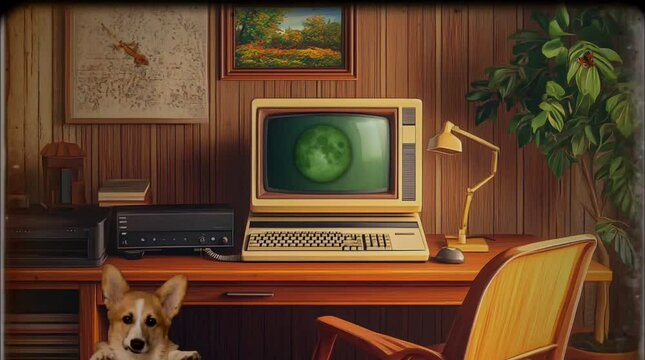 Retro Computer with a Puppy and on Vintage Office Desk. Seamless looping time-lapse video background