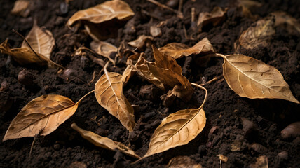 Fototapeta premium dry leaves layered on top of rich, dark soil,