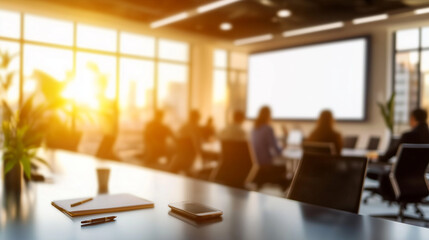 A blurred background of a business conference room with ample space for text. The close-up view of an empty wooden table featuring a smartphone highlights a modern office meeting space. The scene capt