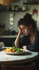 Sad young woman in a kitchen, struggling with anorexia, hesitates to eat a plate of salad, reflecting her unhappiness and worry