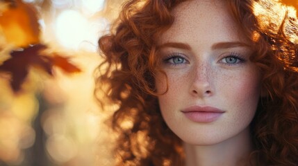 Fototapeta premium Stunning young woman with fiery red hair and adorable freckles basks in the warm autumn glow outdoors, radiating beauty and confidence in a serene setting among colorful leaves
