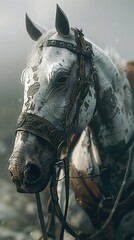 Fototapeta premium Close-up Portrait of a White Horse with Bridle