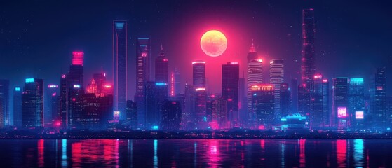 Vibrant Neon Cityscape at Night with a Glowing Moon