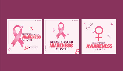 Set of women's breast cancer awareness month posters for October. Realistic pink ribbon symbol. Vector illustration.