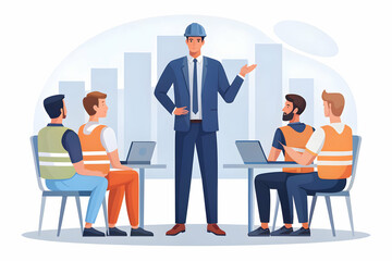 Flat Supervisor candidly briefing the team before a shift starts concept as A candid shot of a supervisor briefing their team before the start of a shift. The camera captures the seriousness and focus