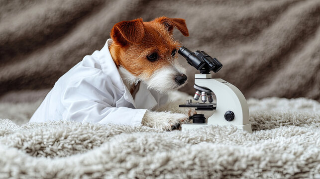 A dog in a lab coat examines a sample using a microscope on a cozy blanket indoors