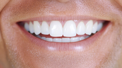 Obraz premium A bright and cheerful smile displaying clean and white teeth, highlighting dental hygiene and care, as well as a positive and happy demeanor captured in high resolution.
