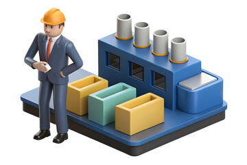 3D Manager overseeing operations on the factory floor candid moment concept as A candid shot of a manager overseeing operations on the factory floor. The camera captures the managers hands on approach