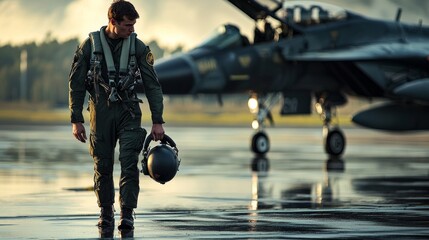 Photo of Air Force pilot getting out of his fighter jet. The ground is wet, and there are some reflections on it. The pilot holds his helmet under one arm while walking away from the aircraft.