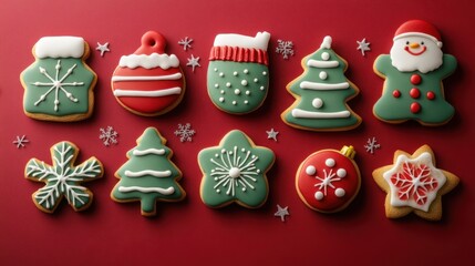 Festive Christmas Cookies on Red Background with Decorative Designs