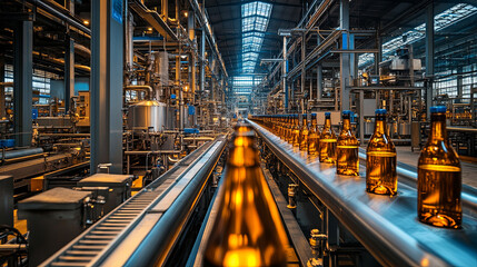 Manufacturing process of amber bottles in a modern factory during daytime