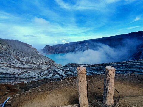 Stunning Ijen Crater Landscape with Blue Acidic Lake and Sulfur Smoke