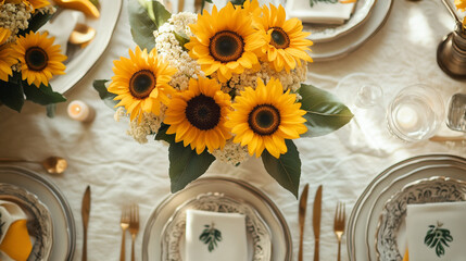 Bright yellow sunflowers in a beautifully arranged dinner table setting for a sunny afternoon gathering with elegant tableware