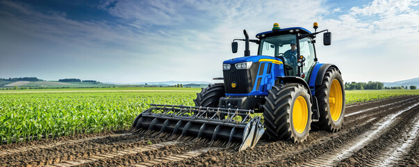 Farmer driving blue tractor cultivating field with cultivator