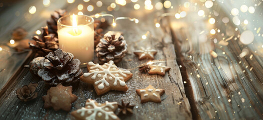 Christmas winter scene with Candle snowflakes, pine cones, and stars scattered around an old wooden table. A lit white candles, rustic decorations like berries and Christmas cookies.