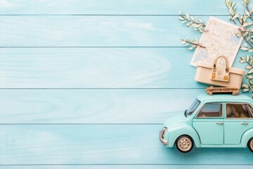 A charming vintage toy car atop a pastel blue wooden background, accompanied by travel essentials and greenery.