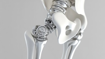 A close-up 3D rendering of a human hip joint with a prosthetic implant, showcasing the intricate details of modern orthopedic technology.  