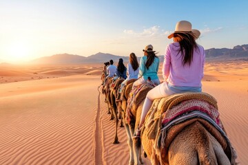 A group of travelers riding camels through a stunning desert landscape during sunset, showcasing adventure and exploration.
