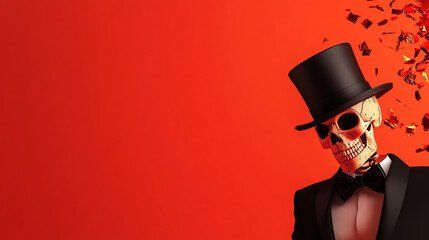 A stylish skeleton in a top hat and tuxedo against a vibrant red backdrop, embodying a festive and whimsical atmosphere.