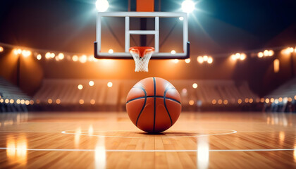 Basketball on a basketball court with lights and hoops in the background 5