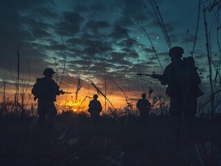 Soldiers silhouetted against a vibrant sunset during a military exercise in a grassy field at dusk