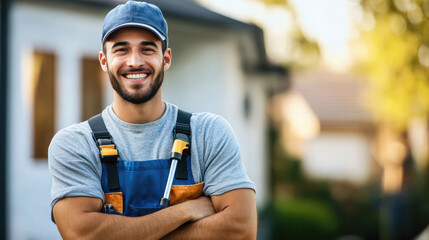 Pest control worker smiling with arms crossed outside house