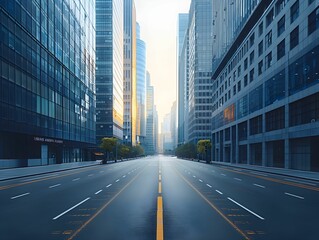 A quiet urban street in the early morning, surrounded by tall skyscrapers reflecting golden sunlight while the road remains empty