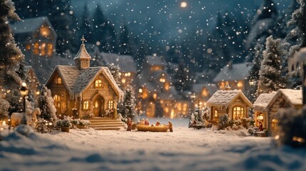 Fototapeta premium Serene Nativity Scene in Snowy Setting with Holy Family Figures and Star of Bethlehem - Christmas Traditional Decoration