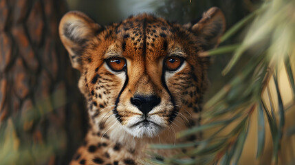 Fototapeta premium Cheetah Sitting Pine Tree Sty