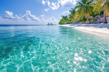 A serene tropical beach with clear water, palm trees, and a peaceful sky, perfect for relaxation and vacation inspiration.