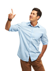 Direction, presentation and man in studio pointing up at promotion offer, choice or decision. Announcement, opportunity and person with showing review, deal information or advice on white background