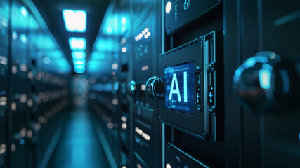 blue glass panel. close up of server. 
Design a logo with the word "AI" in it