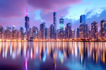 Fototapeta premium Stunning city skyline with illuminated skyscrapers reflecting on water during twilight. Perfect for urban and travel themes.