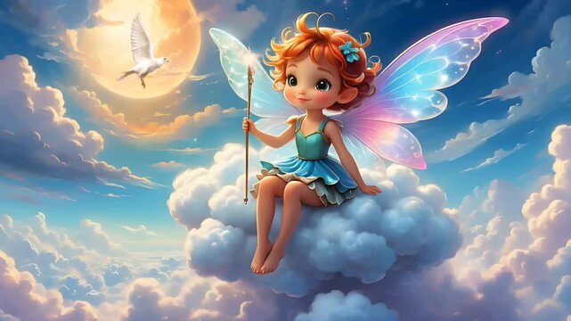 Cute Fairy Sitting on a Cloud with Magic Wand and Dove.  Seamless looping time-lapse 4k video animation background