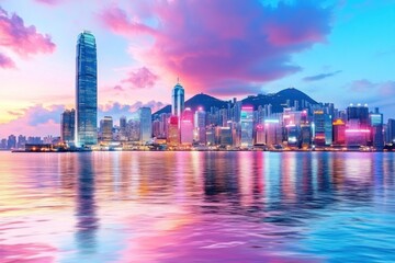 Fototapeta premium Vibrant skyline of Hong Kong reflecting on water at sunset, showcasing colorful buildings and dramatic clouds.